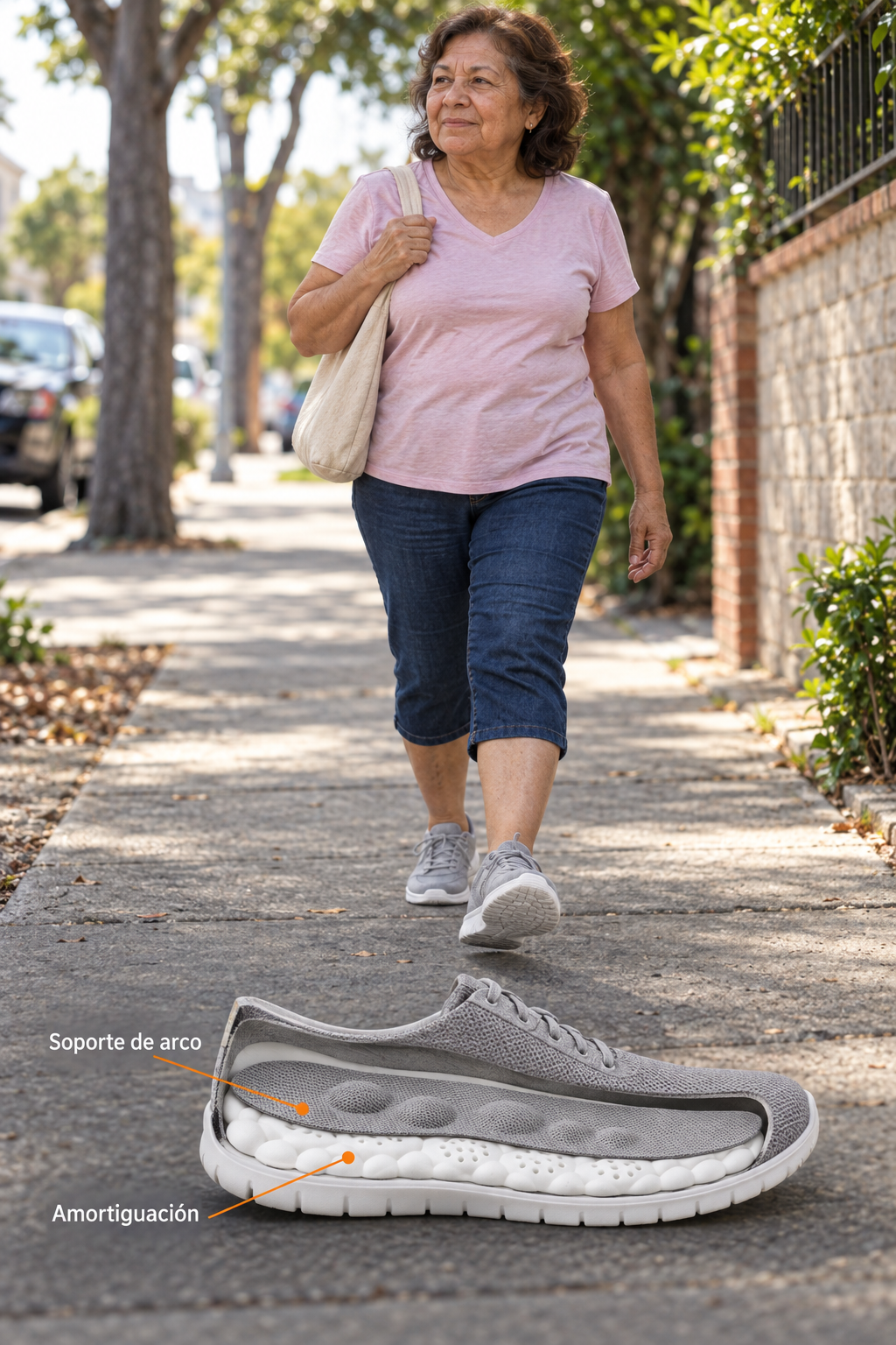 Mujer adulta caminando durante sus actividades cotidianas